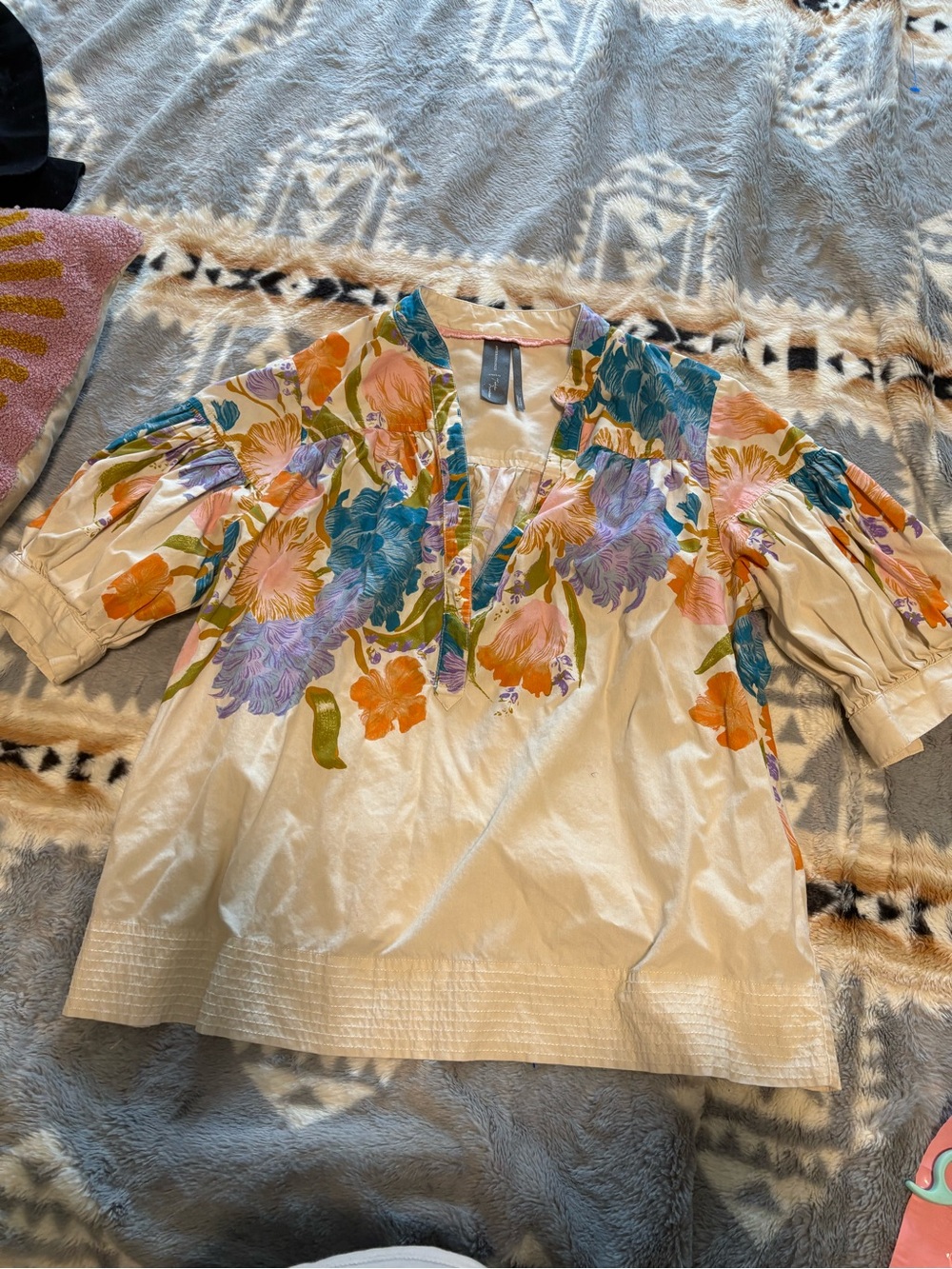 Anthropologie Cream Blouse with Multicolor Floral Print